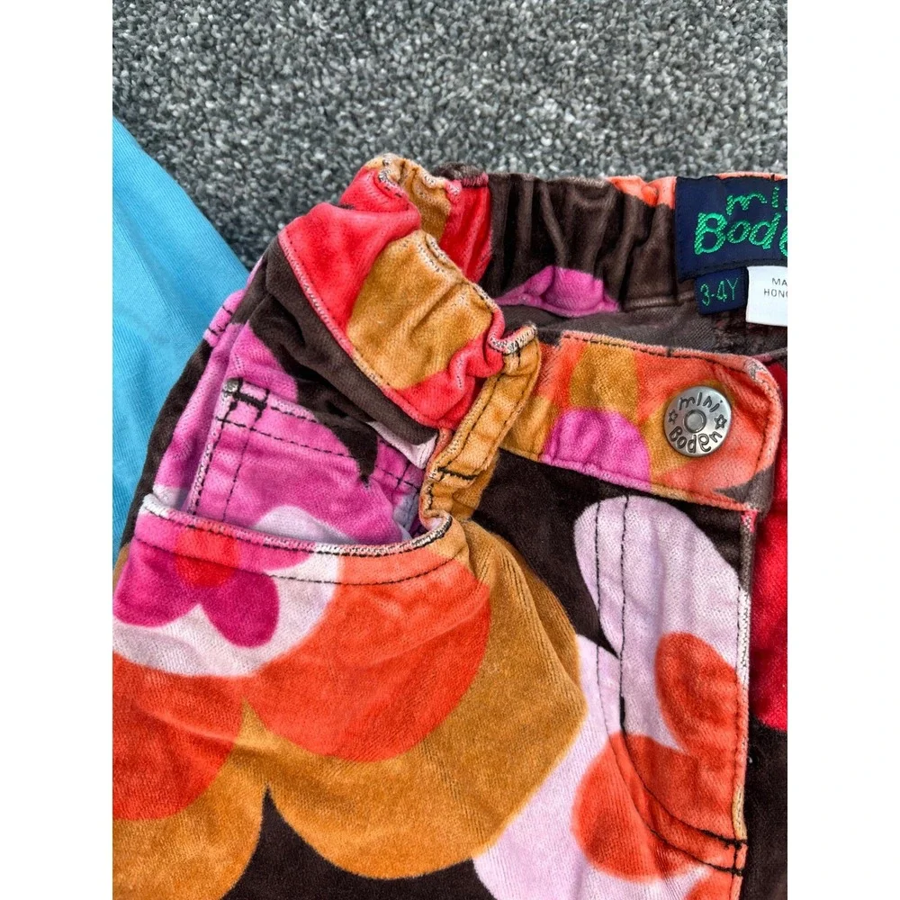 Mini Boden Bunny Graphic Tee and Retro Floral Corduroy Flare Pants Girls 3-4Y